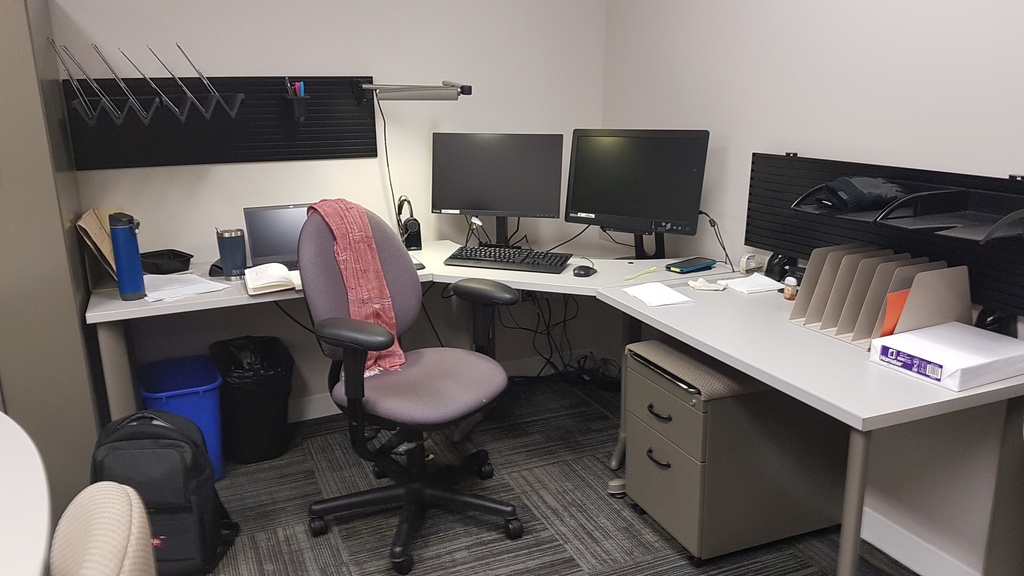 Desk L Shaped (1 BF ped, wall mount accessory trays, wood, metal)