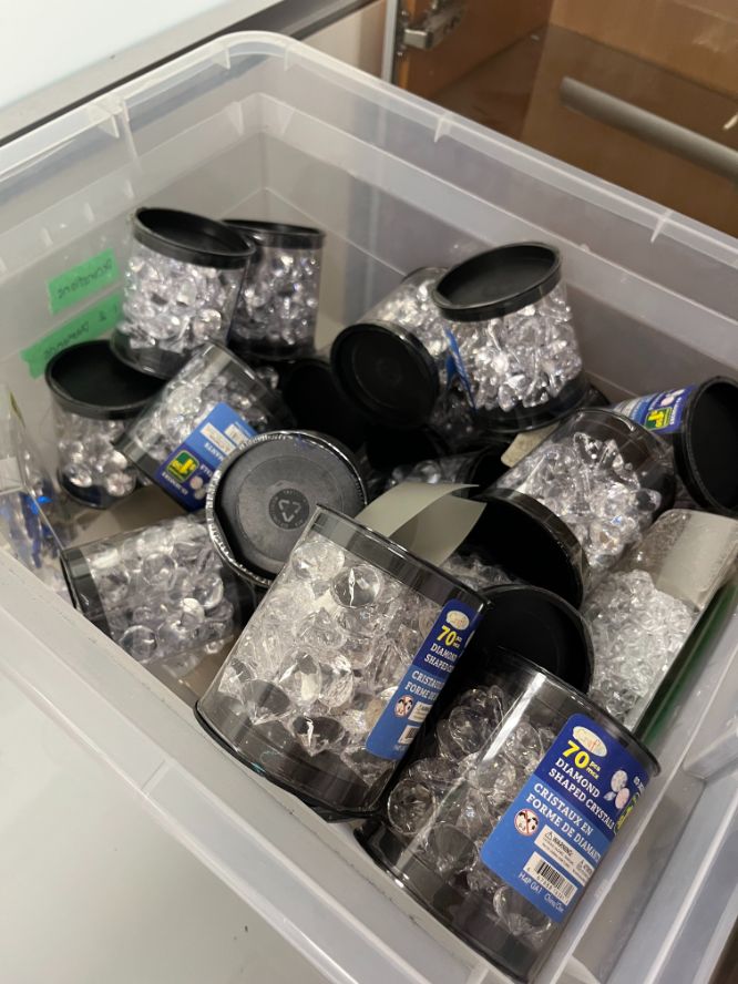 Bin of diamond-shaped crystals