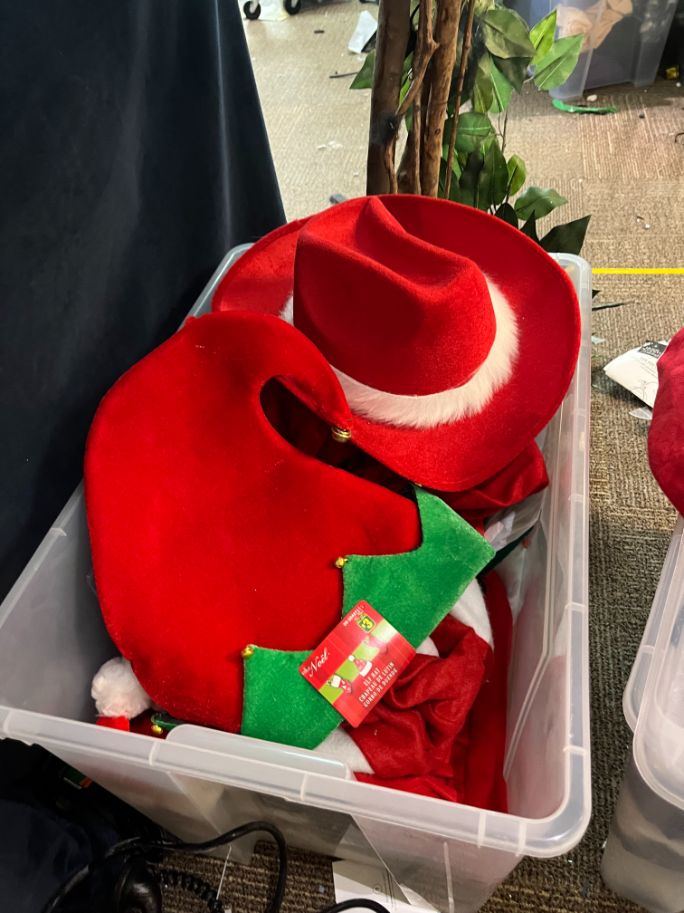 Bin of Christmas hats