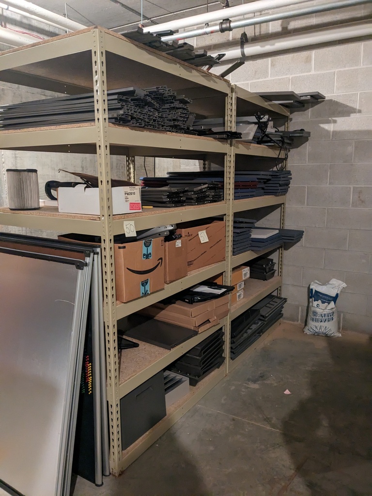 metal racks with partical board shelves, 6-high