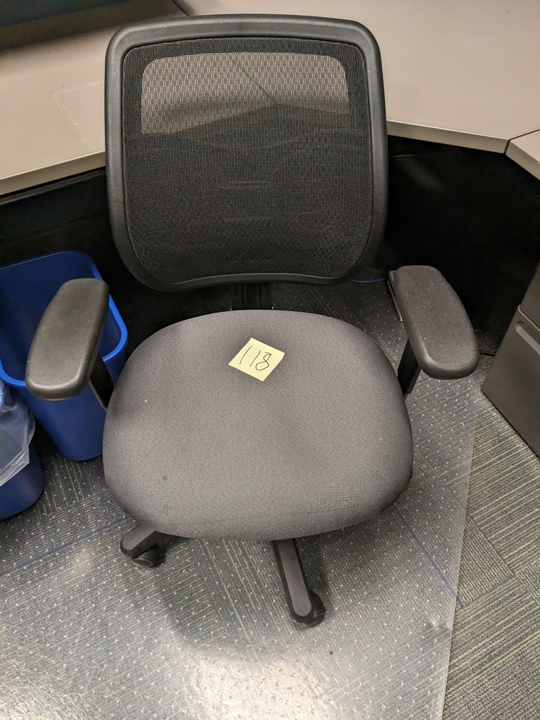 adjustable arm swivel task chair, mesh back, upholstered seat