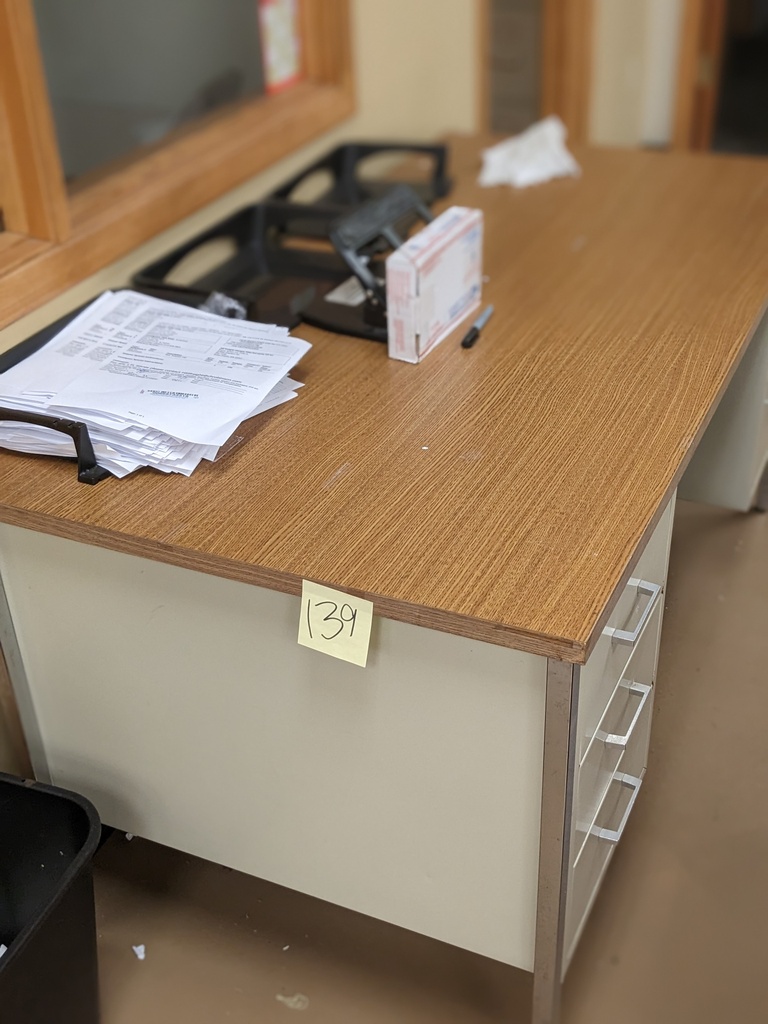 metal desk w/ b/b/b and b/f for storage, laminate top (2'x6'x2.5')