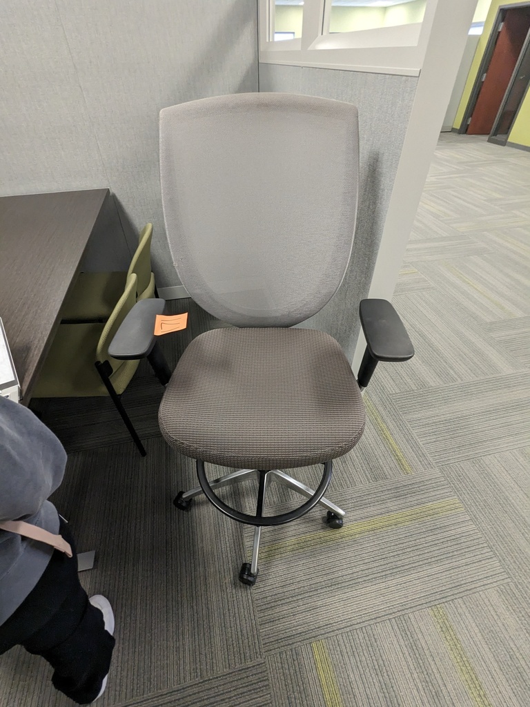 task stool, mesh back, upholstered seat, swivel base, fixed arms