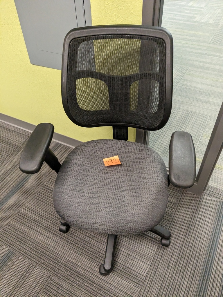 swivel base task chair, upholstered seat, mesh back, fixed arms