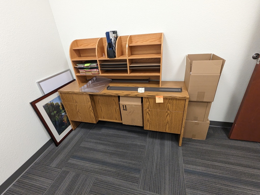 private office desk w/ bbf and ff, back credenza w/ 2 bfs and sliding door shelf in center, hutch above with cubbies