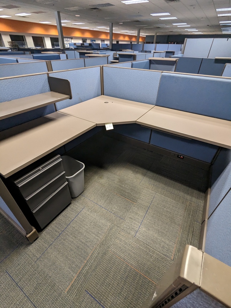 small blue l-shape workstations, tackboard, shelf, bbf, ff, transaction top