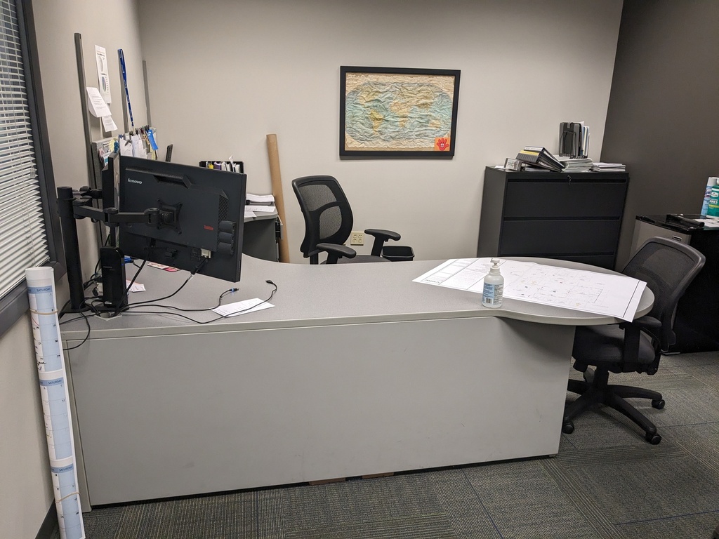 U-shape private office, lateral file on back credenza, 4 door overhead with tackboard on return side, bbf