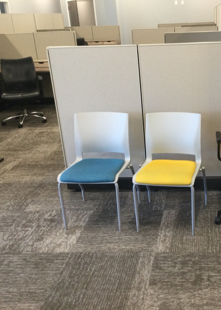 Chairs Yellow &amp; Blue side chairs – White /colored cloth seats 