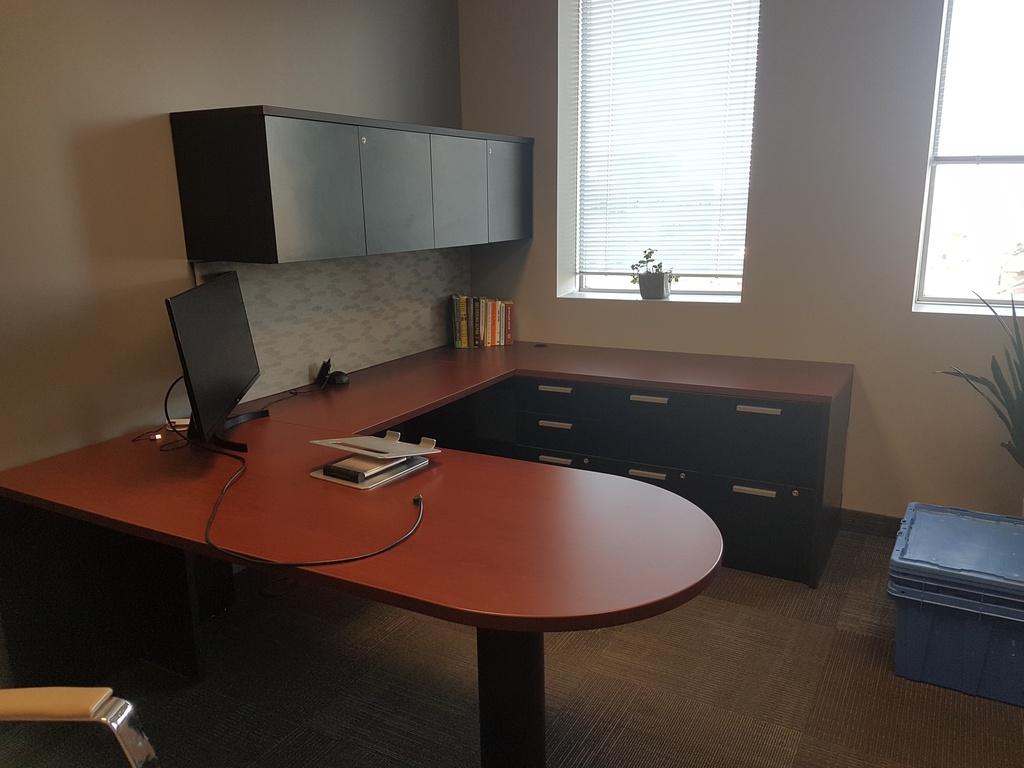 Wood desk with 2 drawer lateral and overhead storage