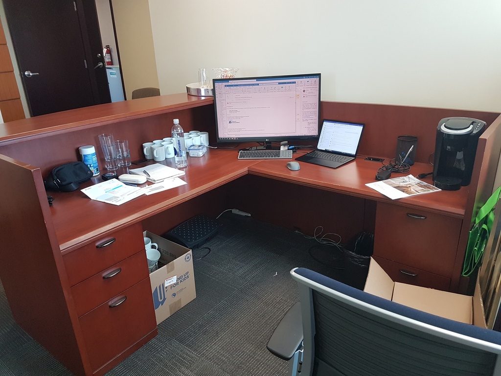 Wood L shaped desk with pedestals