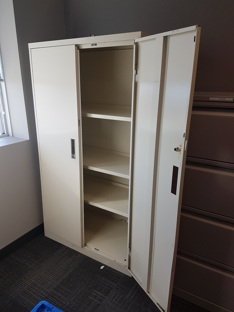 4 shelf metal white cabinet with 2 doors