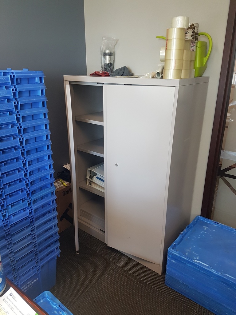 4 shelf, metal white cabinet with 2 doors