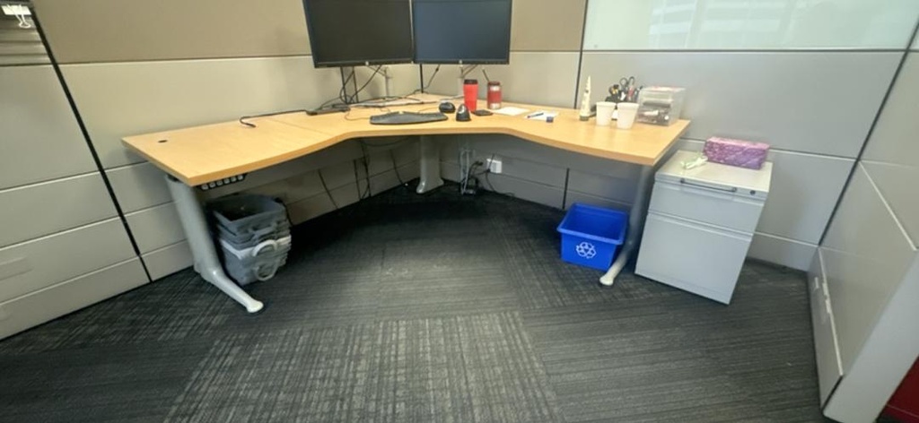 6' x 6' Electronic Height Adjustable L-Shape Desk, Maple with  BF Ped, 136" x 60" x 17"/33"