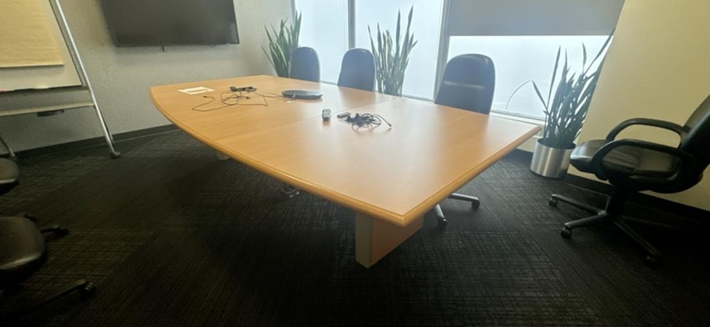 10' Boatshaped Boardroom Table with Electrical, Maple, 30" x 15" x 17"