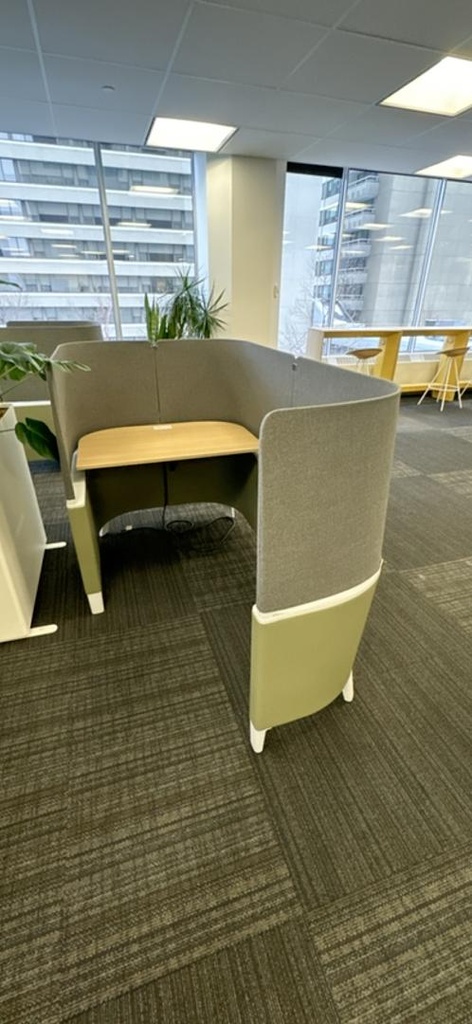 Single Person Privacy Pod with Worksurface and Power, Green/Grey