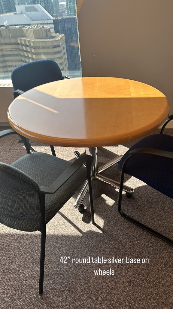 Round Table, silver base on wheels
