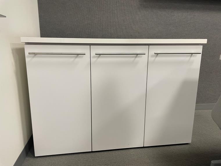 White Credenza, 3-Door: 48”W x 32 ½ ”H x 25” D