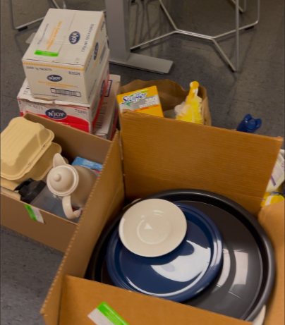 Box of Misc items (unused cleaning products, serving trays, dishes, utensils, unused cases of sugars.)