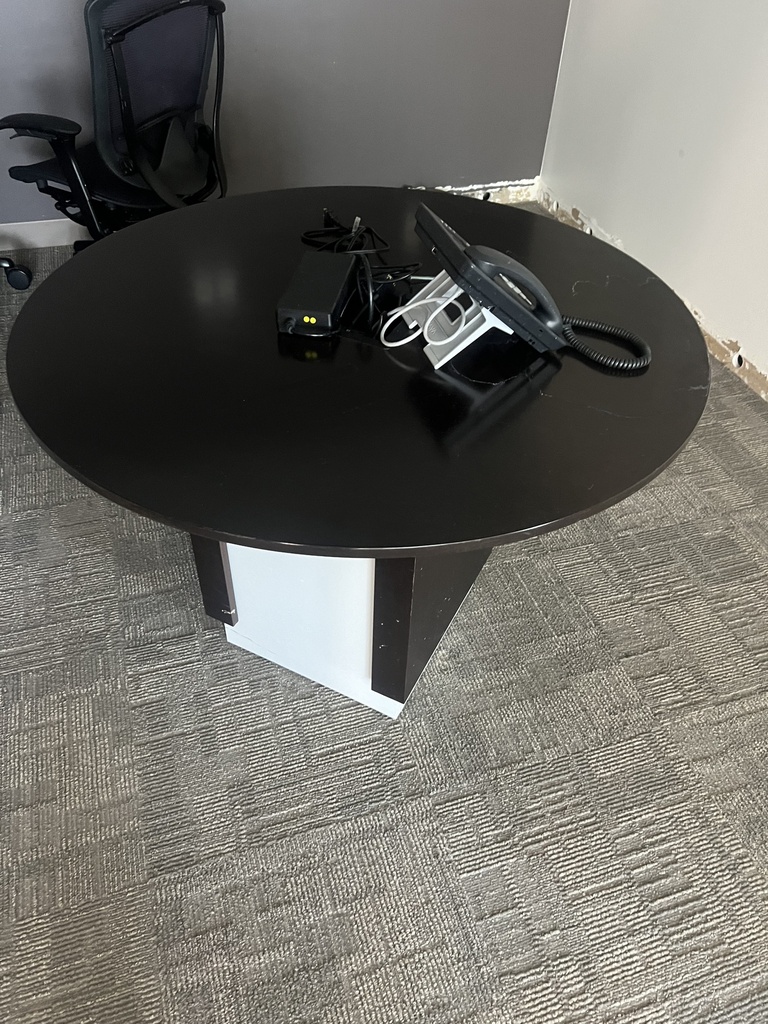 Dark wood round table, white square base