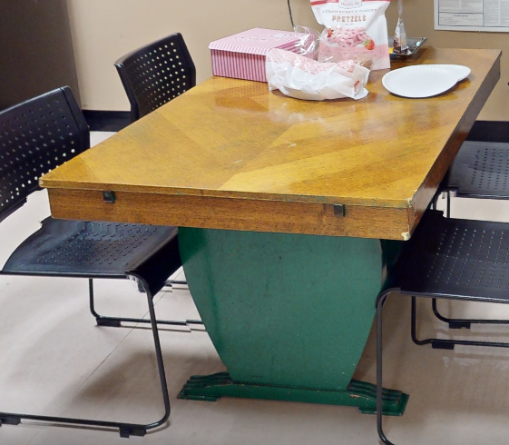 Wood table with green legs