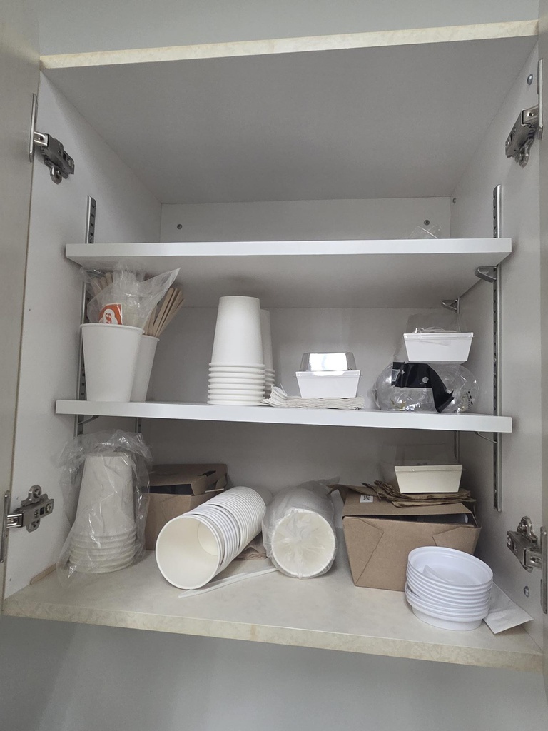 kitchen cupboards - misc items(throw away cups/straws/coffee cups/brown paper towels/stir sticks