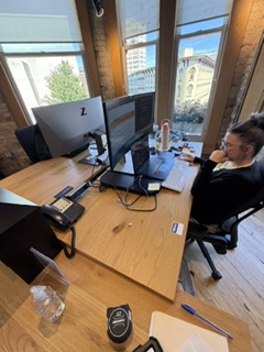 Pod Set Up: Wood tables attached to credenza