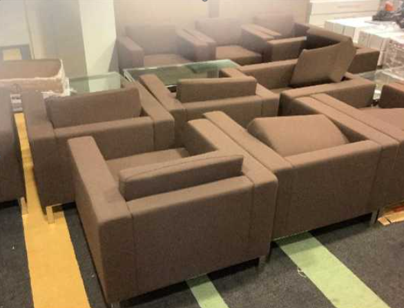 Sofa (Single Seater) 
Brown fabric upholstery
Chromed leg base