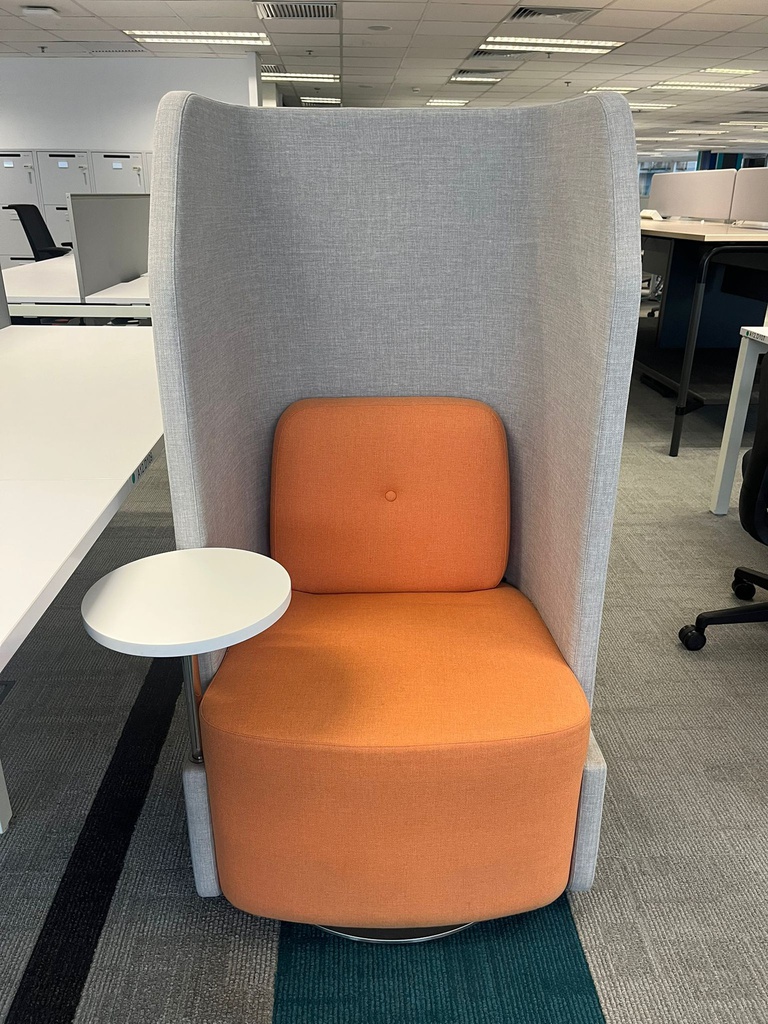 High Back Sofa (Single Seater)
Orange fabric upholsteried sofa
Light grey fabric panel
with white round table on right side