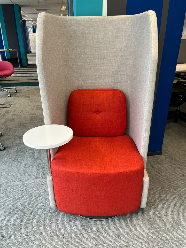 High Back Sofa (Single Seater)
Red fabric upholsteried sofa
Light grey fabric panel
with white round table on right side