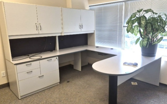 U-Shaped Grey Office Suite with overhead hutch