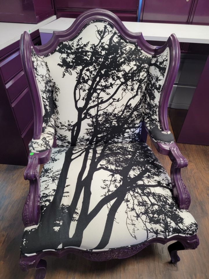 Chair, Black &amp; white tree print upholstered with purple wood trim, arms and legs, 32" x 32" x 48"Ht