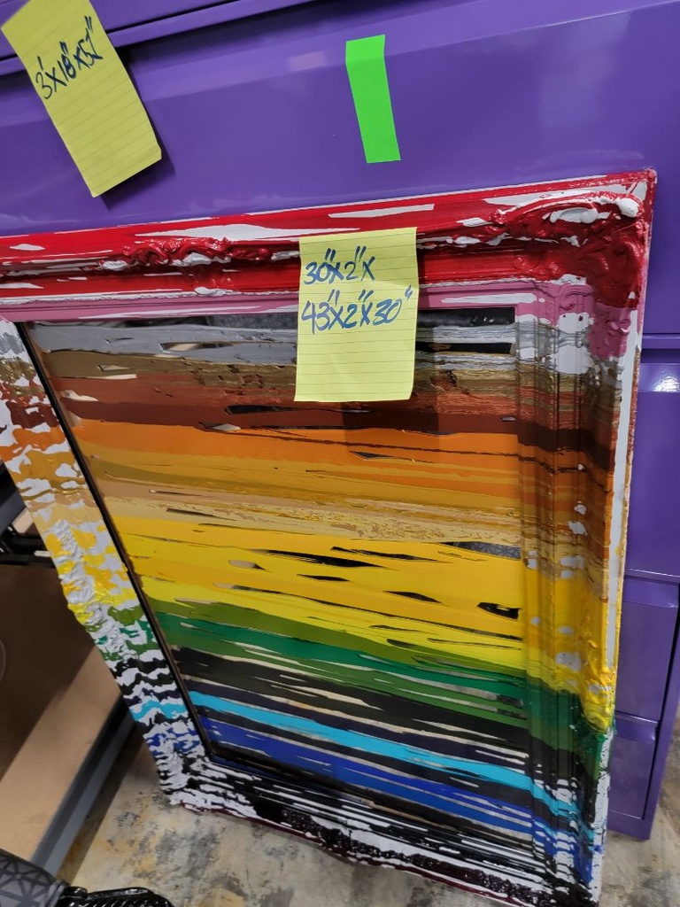 Framed Mirror, Wooden frame with multiple colors painted on frame and mirror surfaces, 43"L x 30"W