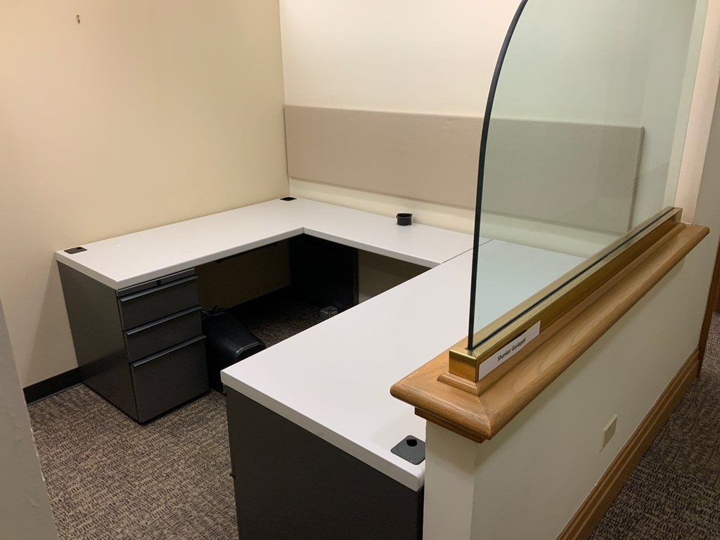 Admin "U" Group, Laminate w/ Metal Supporting Pedestals, Tackboard,
Desk w/ Box Box File Supporting Pedestal, Credenza w/ Box Box File Supporting
Pedestal, Right Hand, Light Grey Laminate, Charcoal Paint