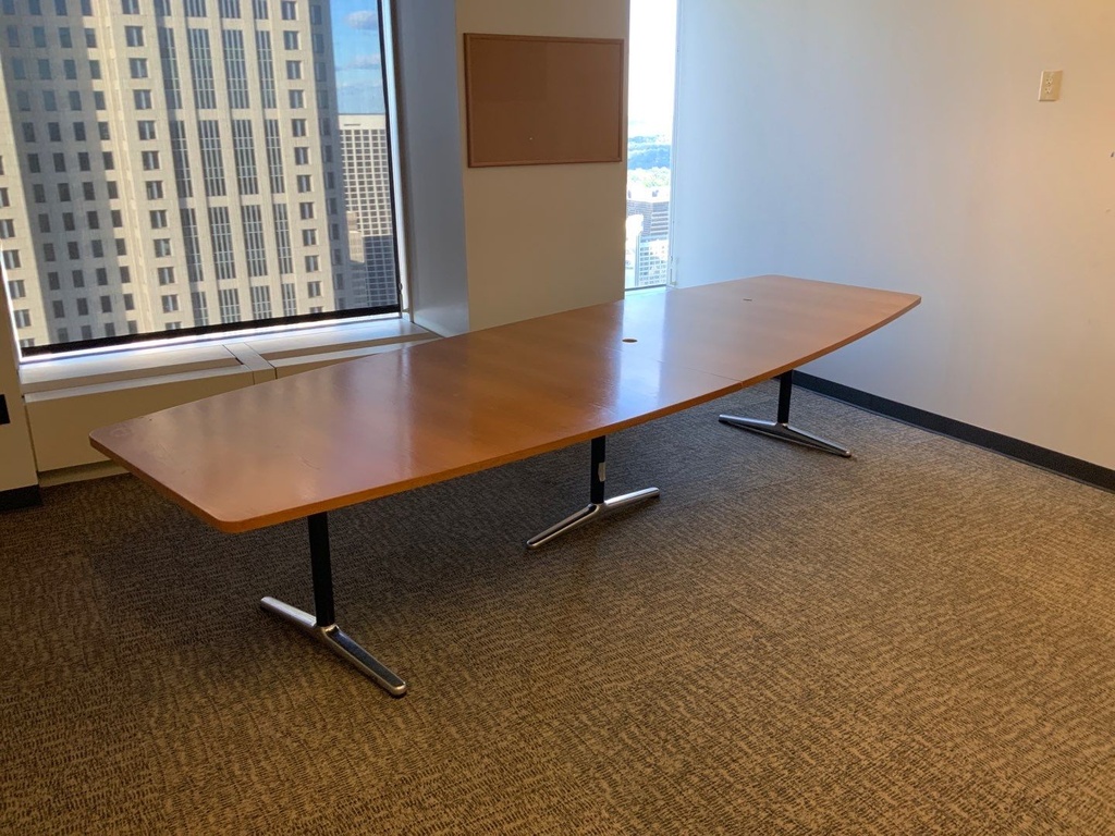 Conference Table, Boat Sheaped, 36x48x120, 2 Pc Top, T-Legs, Dark Oak Finish, Black Legs