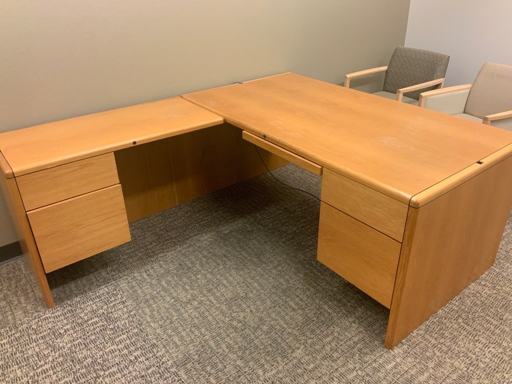 "L" Group Left - 36x66 Single Pedestal Desk w/ Box File Pedestal Right, Left Return w/ 20x42 BF Left - 8-Way Radius Edge Detail - Oak
