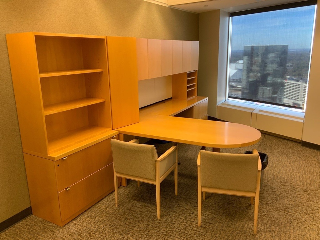 Herman Miller Canvas Private Office
Components: 24x52 Height Adjustable Table Desk w/ Modesty Panel, Box File Mobile Pedestal w/ Padded Top, 2-Drawer 30"W Lateral File, 36"Hx30"Wx18"D Top Unit Bookcase w/ Doors, 24x72 Single Pedestal (Box Box File) Credenza, 72W Freestanding Hutch w/ Sliding Doors, 24Dx12Wx66H Storage Tower, Center Drawer