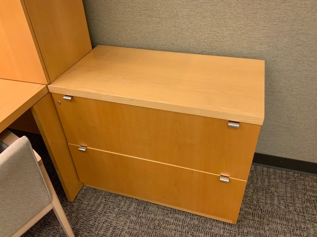 Lateral File, 42W, 2-Drawer, Putty w/ Oak Laminate Top