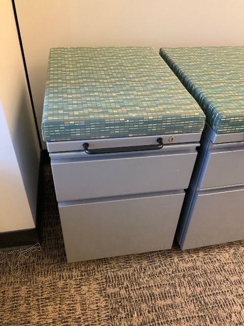 Mobile Pedestal, Box File w/ Padded Top
Grey Paint, Blue Fabric