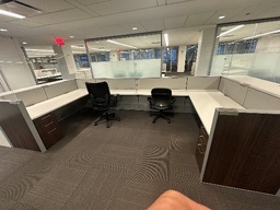 [#A4-71] #66 - complete double user workstations / 17 and 30 in work surface / wooden and fabric 84 x 174 x 41.5