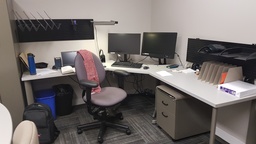 [#E6-10] Desk L Shaped (1 BF ped, wall mount accessory trays, wood, metal)