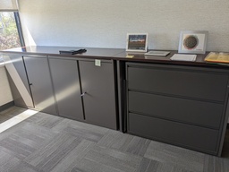 [#D25-40] storage wall, 2 2-door cabinets, 1 3-high lateral file, all metal with laminate top
