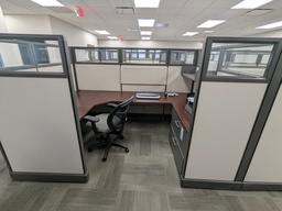 [#A2-49] large workstation, fabric/glass panels, 2 laterals, 3 shelves, U-shape surface