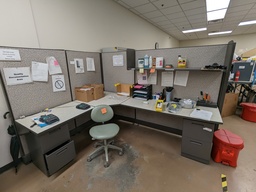 [#A4-142] L-shape workstation, fabric panels, 66"H panels w/ laminate L-shape worksurface