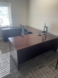 [#E7-10] U-shaped 36” x 72” wood desks with 48” bridge and 24” X 72” credenza