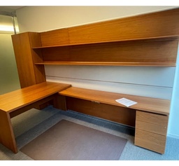 [#E6-81] Left Hand L-Shaped Desk with Overhead Storage and Single Door Cabinet (desk can be freestanding)