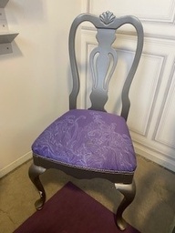 [#B8-188] Chair, grey wood, purple upholstery
