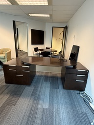 [#E4-39] Large Wood Desk w/ Storage and Glass Front