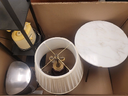[#I6-273] BIN CONTAINING END TABLE/LAMP/SMALL GARBAGE CAN/3SHELF LAMP (ALL FROM WELLNESS RM ON 29TH FLR)