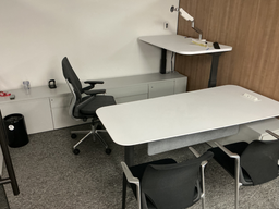 [#E8-33] U shaped private office with 76" × 33" main desk, 58" × 30" return and 114" × 18" rear storage return