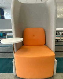 [#B6-9] High Back Sofa (Single Seater)
Orange fabric upholsteried sofa
Light grey fabric panel
with white round table on right side